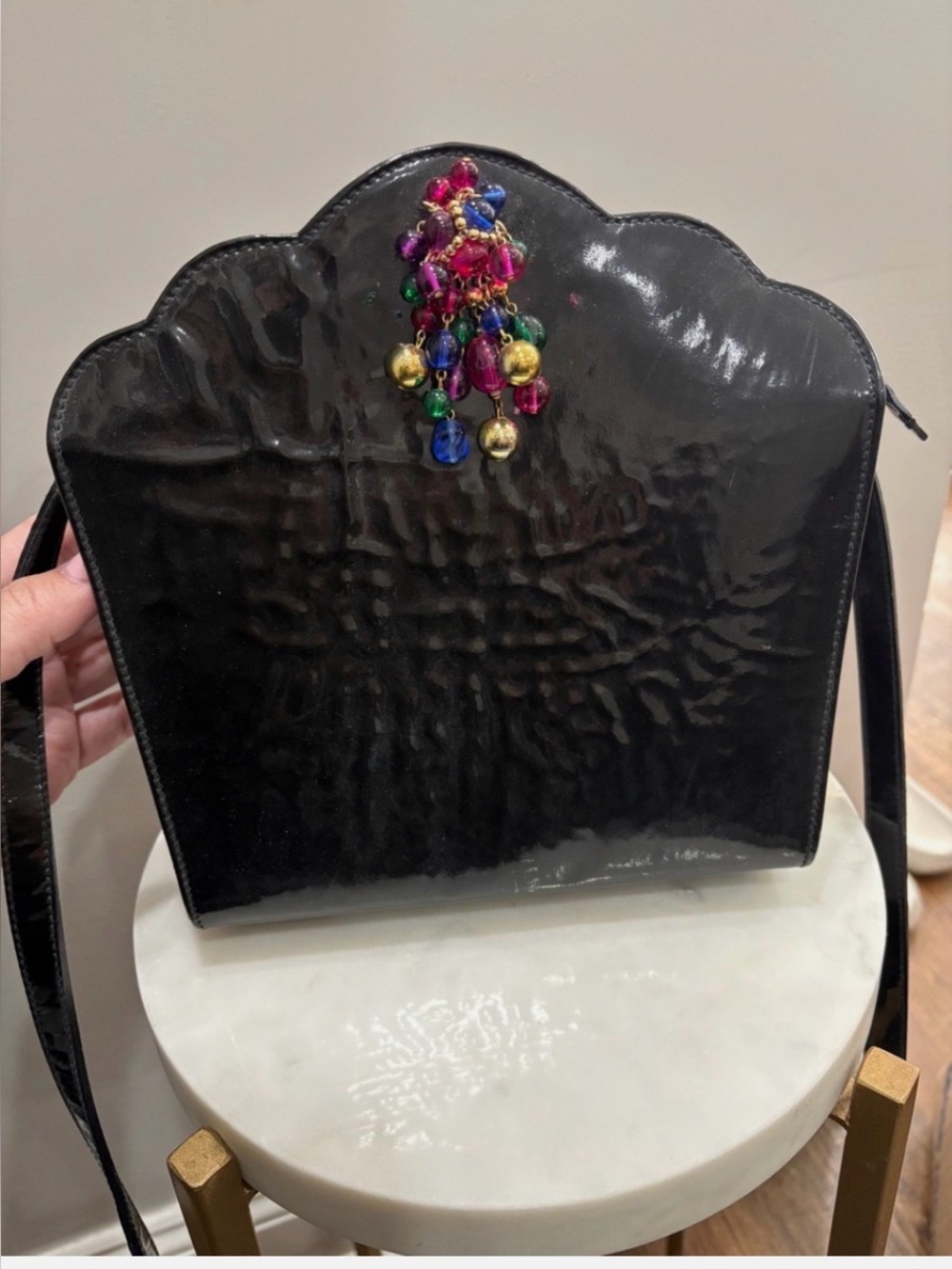 Vintage Furla Black Patent LeatherScalloped Bag - Made in Italy colorful beads
